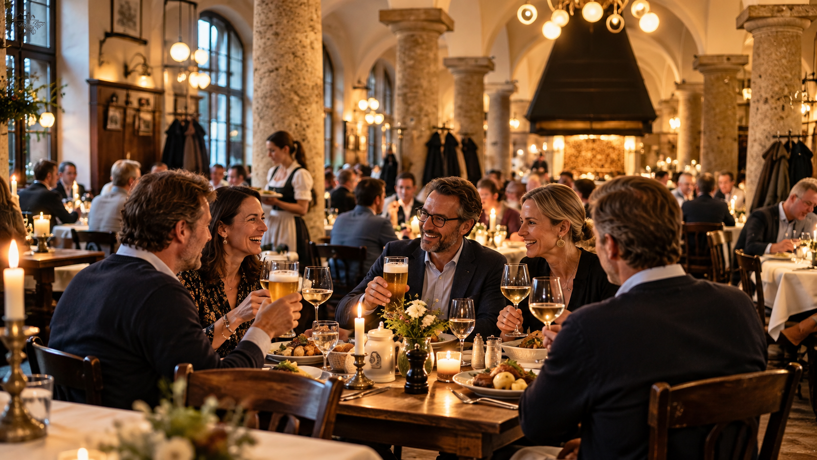 Five friends raising beer and wine glasses over dinner in a lively, candlelit Munich Wirtshaus