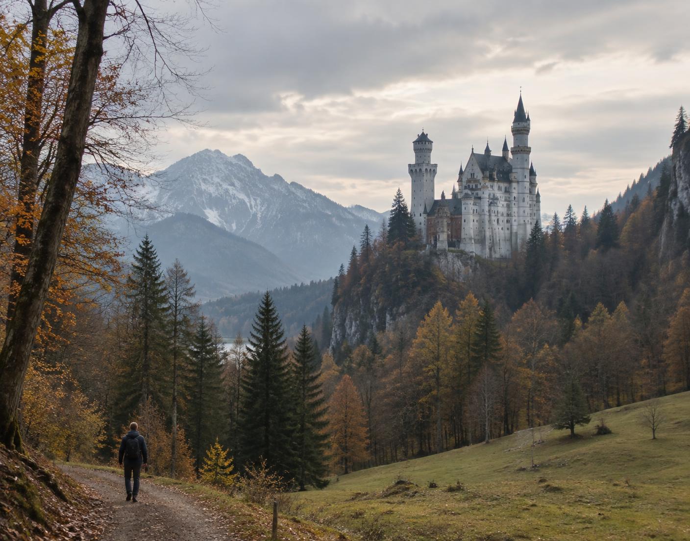 Neuschwanstein Castle seen from a quiet Bavarian path