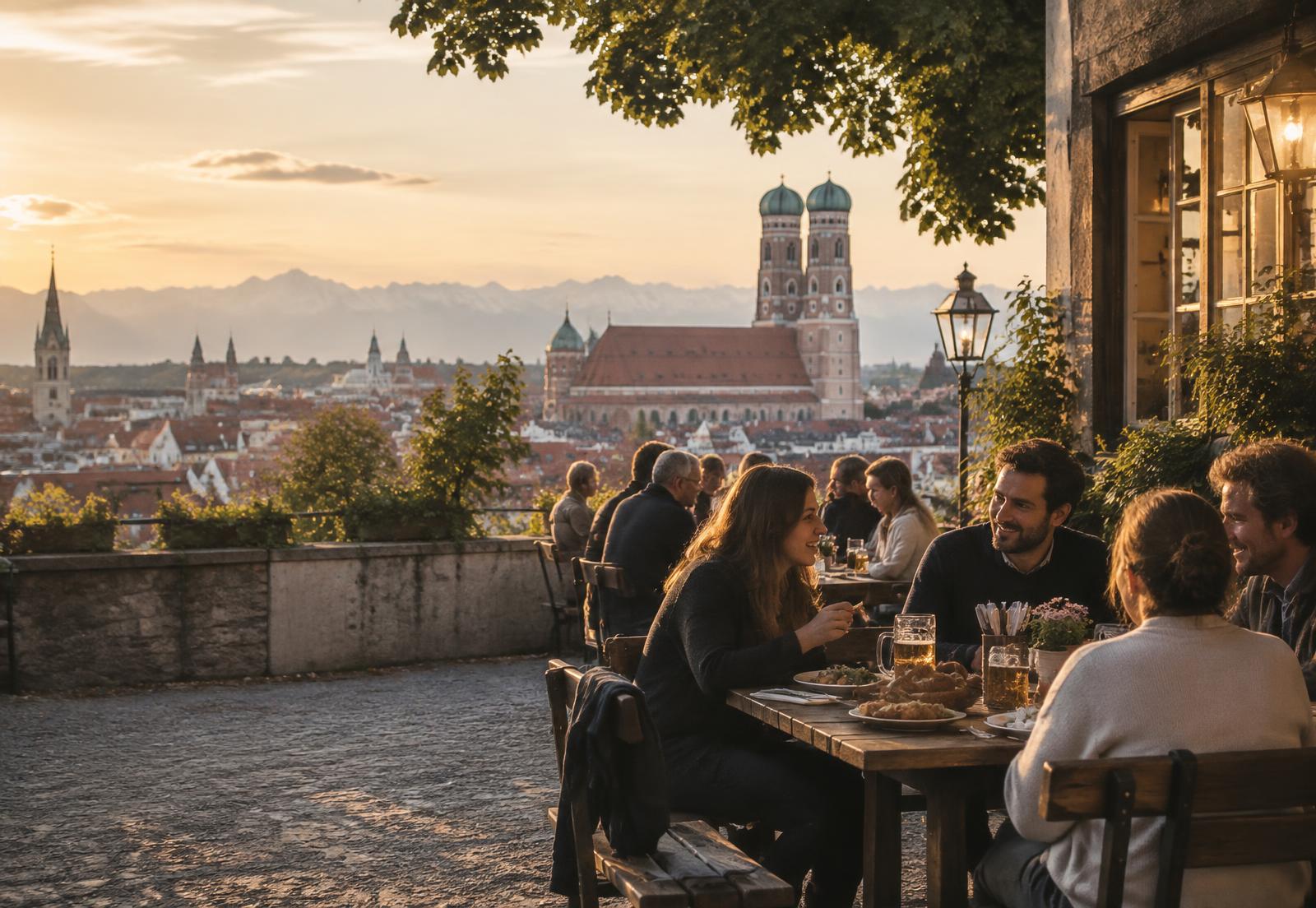 Munich at sunset with the Frauenkirche, Alpine horizon and people dining together