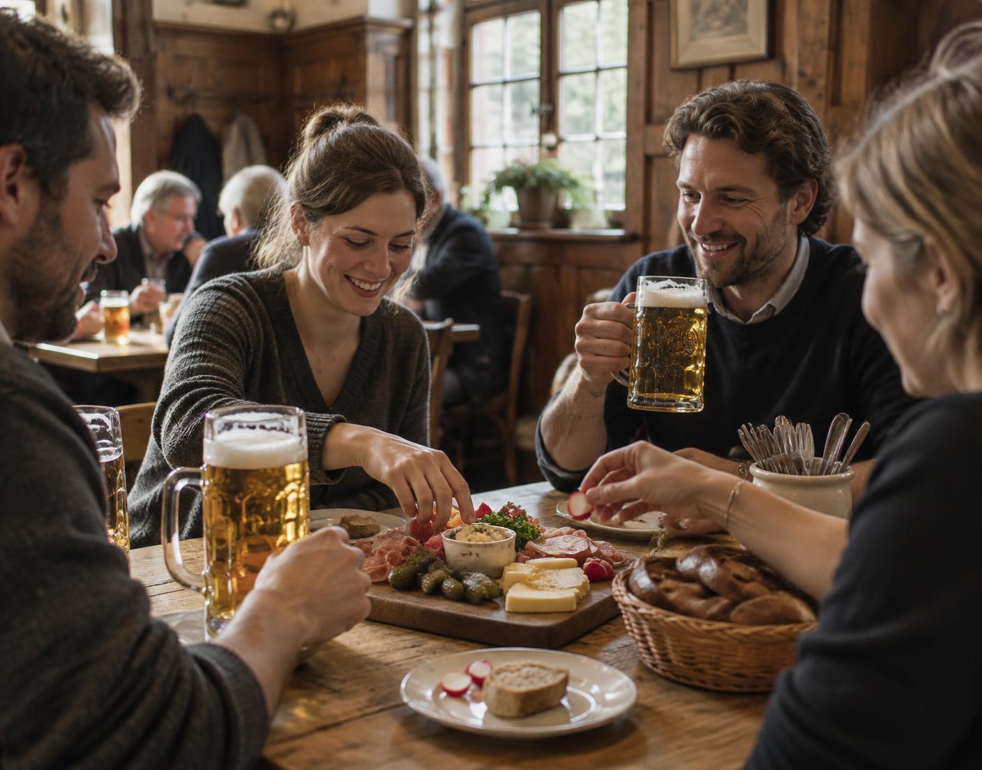 Friends sharing Brotzeit and beer in a traditional Munich Wirtshaus